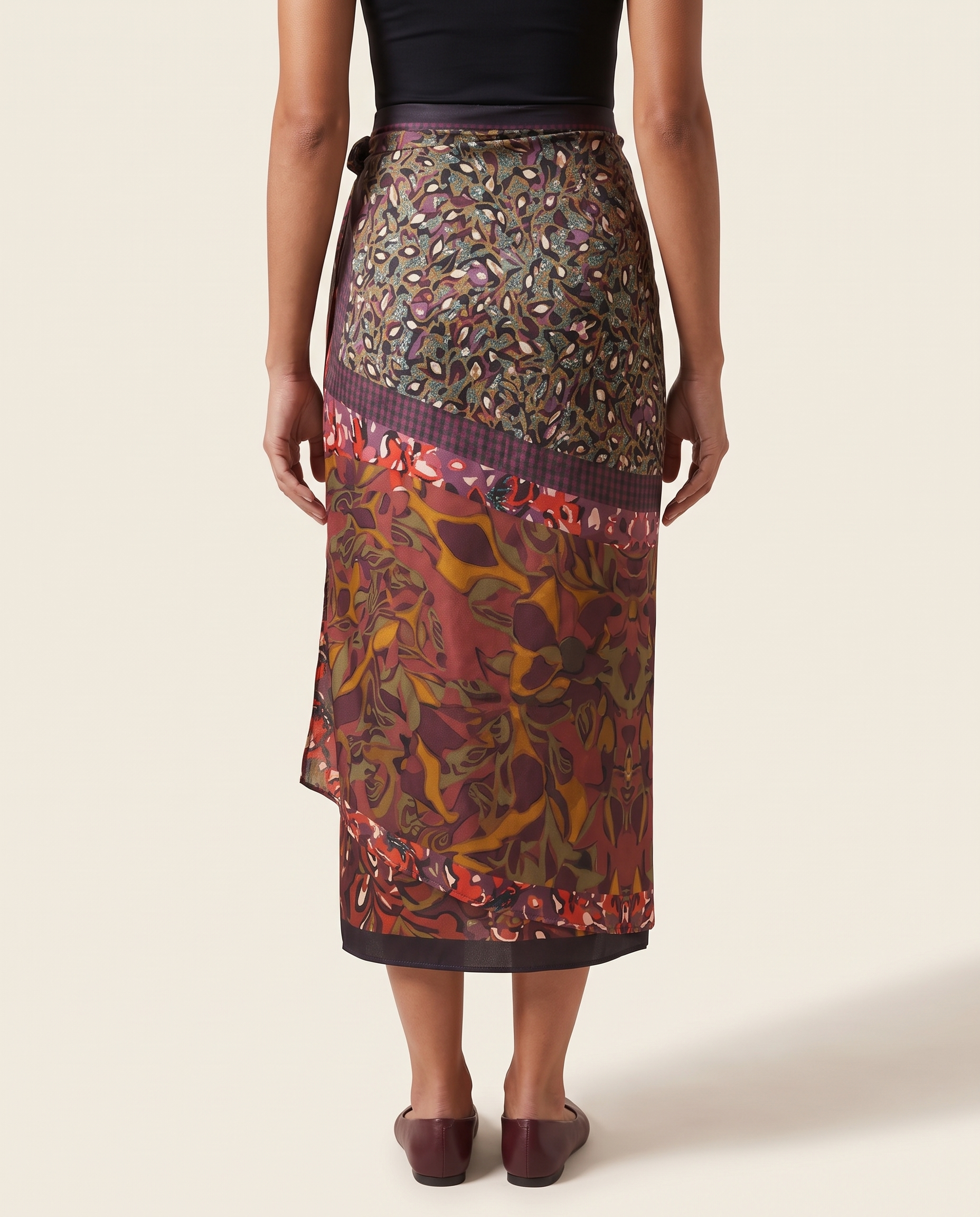 Muse Abstract Floral Satin Wrap Midi Skirt – Print B studio back view