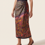 Abstract Floral Satin Wrap Midi Skirt - Print B studio three-quarter view