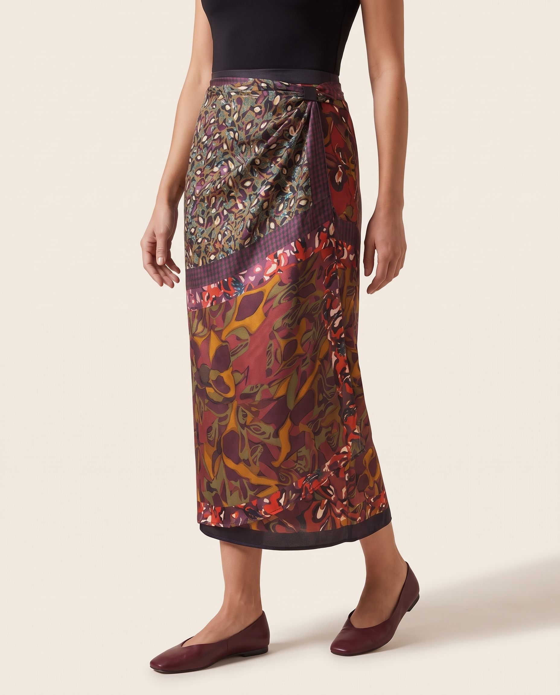 Abstract Floral Satin Wrap Midi Skirt - Print B studio three-quarter view