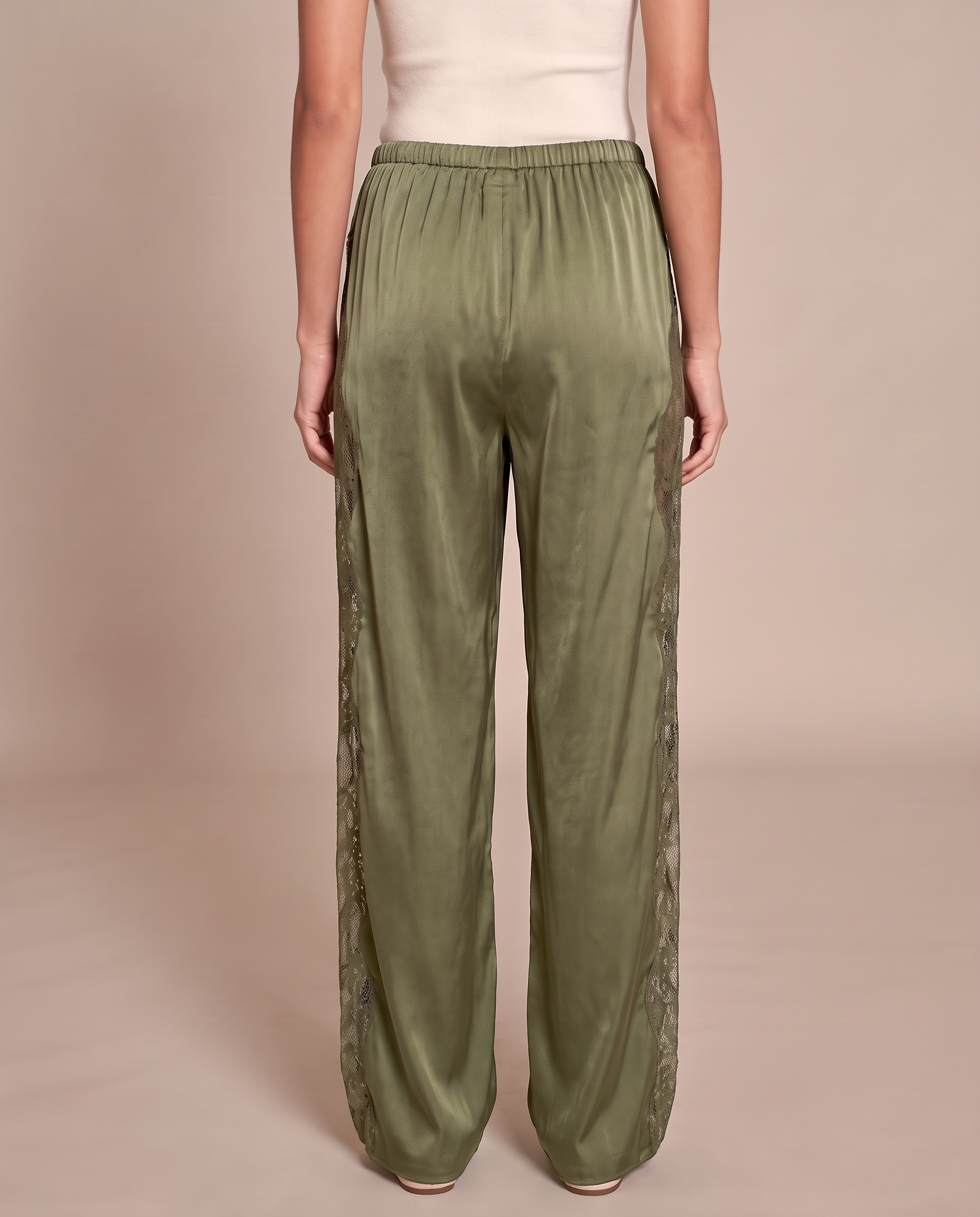 Noa Lace-Trim Satin Pants – Green back view