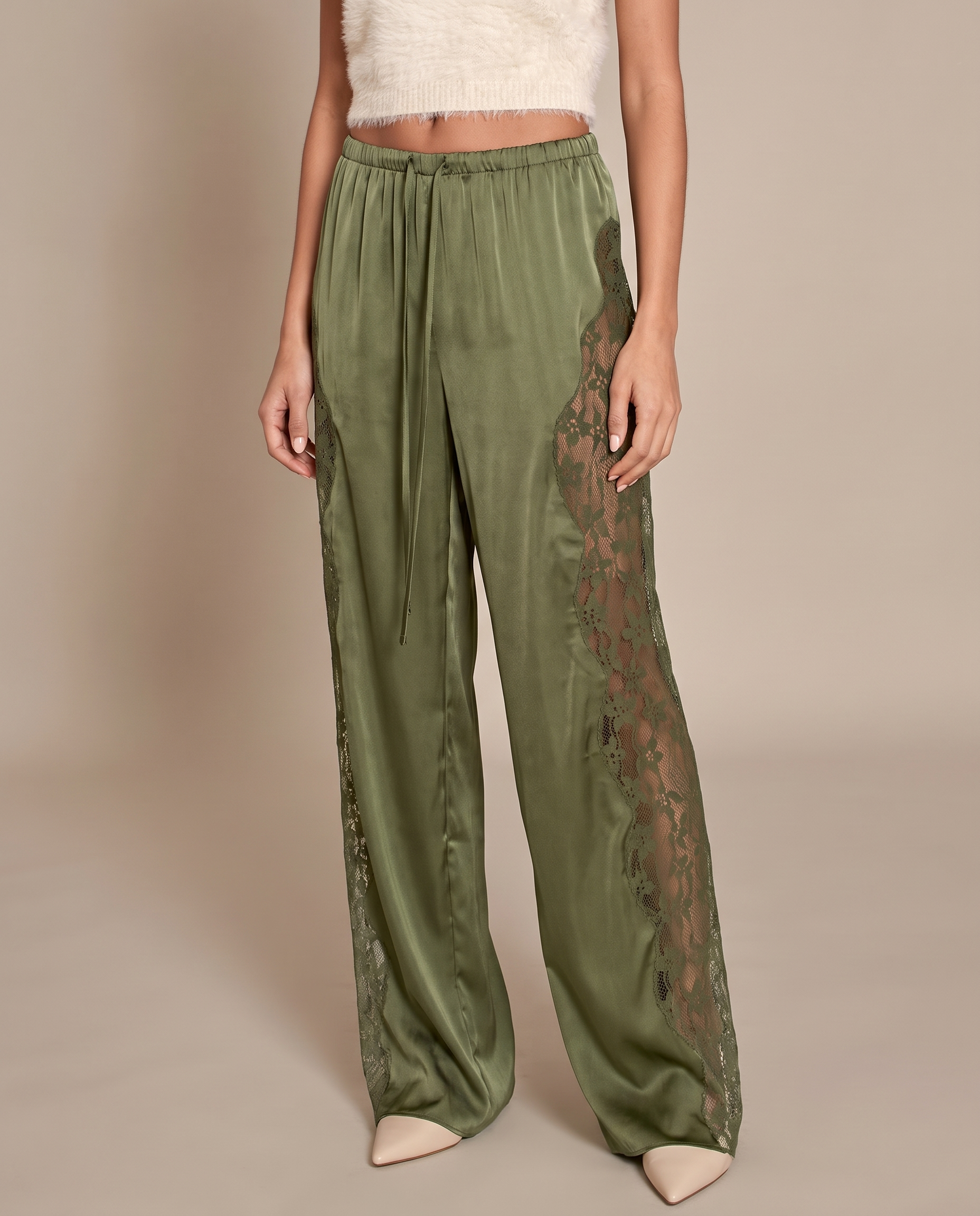 Noa Lace-Trim Satin Straight-Leg Pants – studio front view