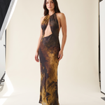 Noelle Printed Open-Back Bodycon Maxi Dress – studio front view