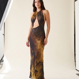 Noelle Printed Open-Back Bodycon Maxi Dress – studio front view
