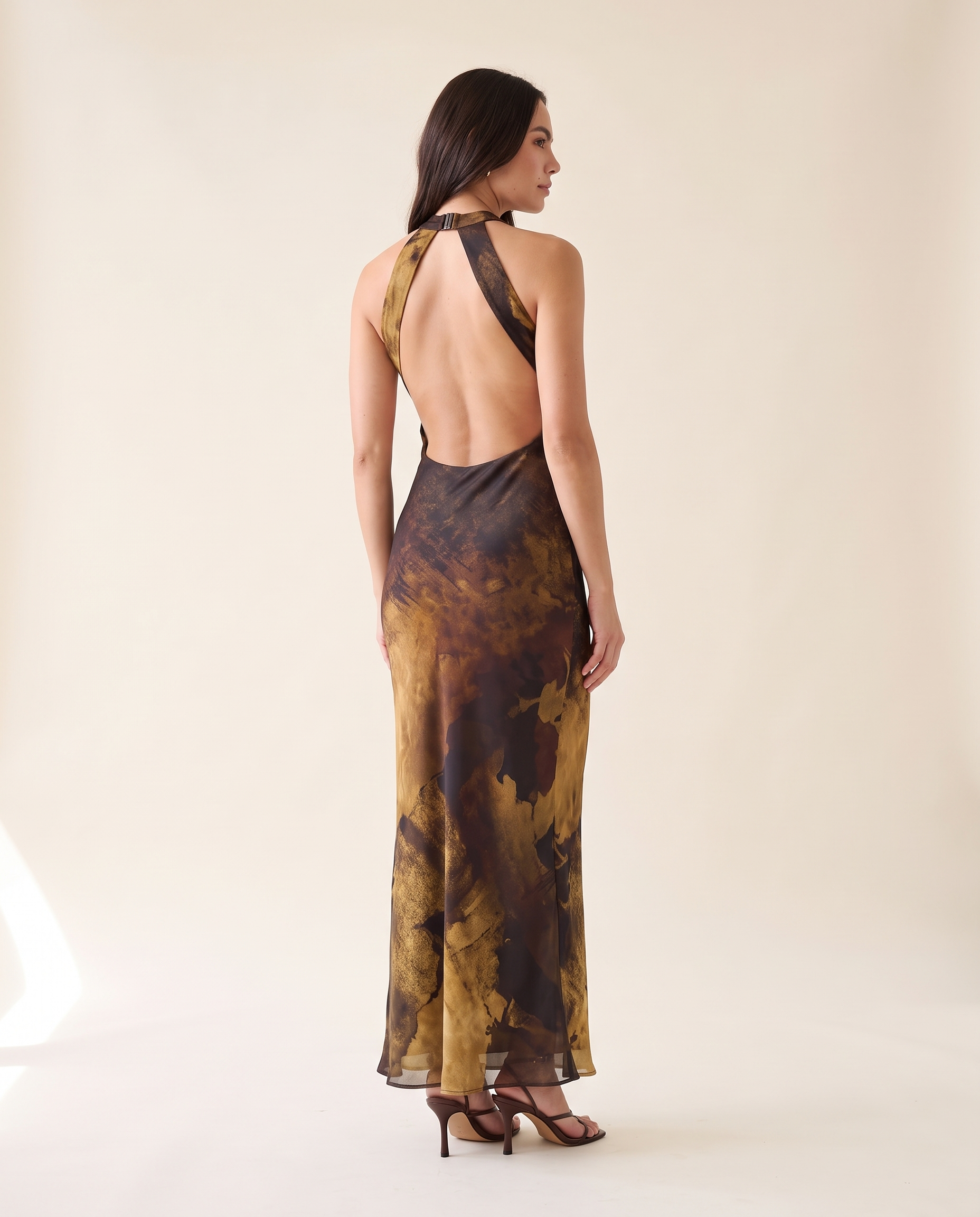 Noelle Printed Open-Back Bodycon Maxi Dress – studio back view