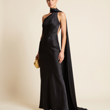 Nora Elegant Open-Back Satin Maxi Dress — black studio