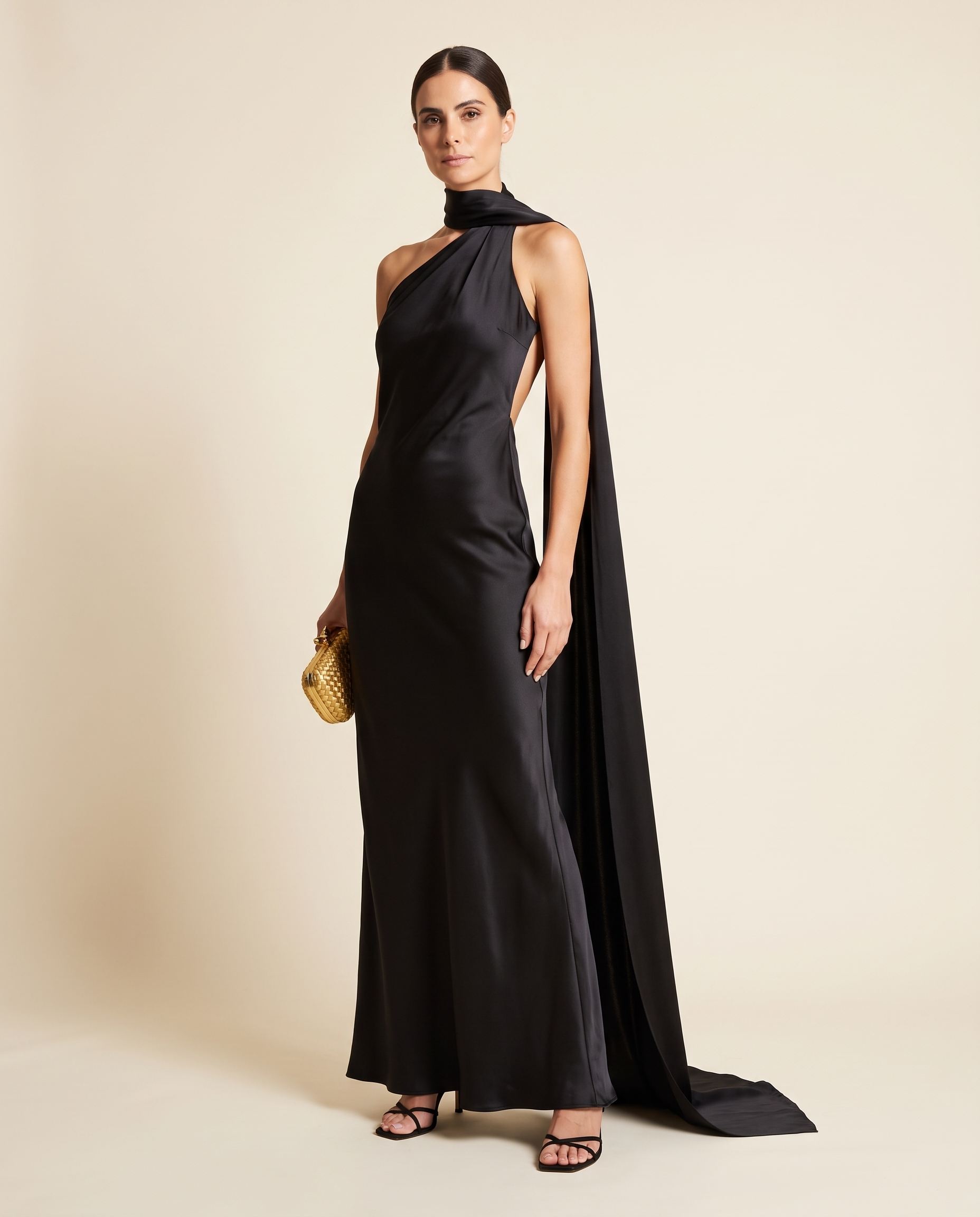 Nora Elegant Open-Back Satin Maxi Dress — black studio