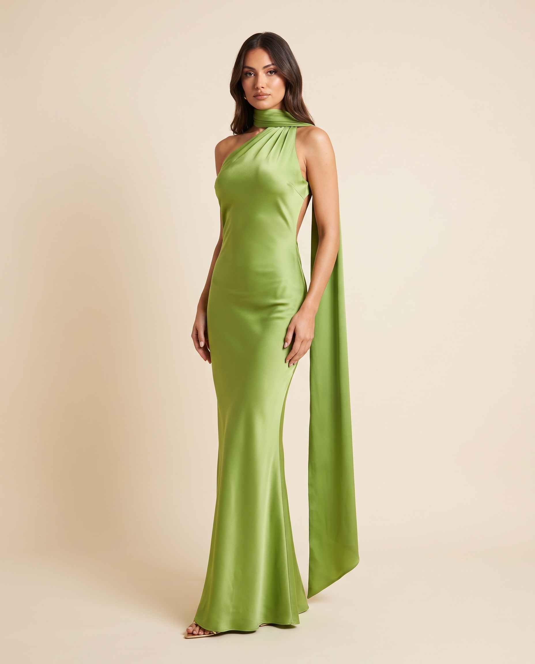 Nora Elegant Open-Back Satin Maxi Dress — green studio