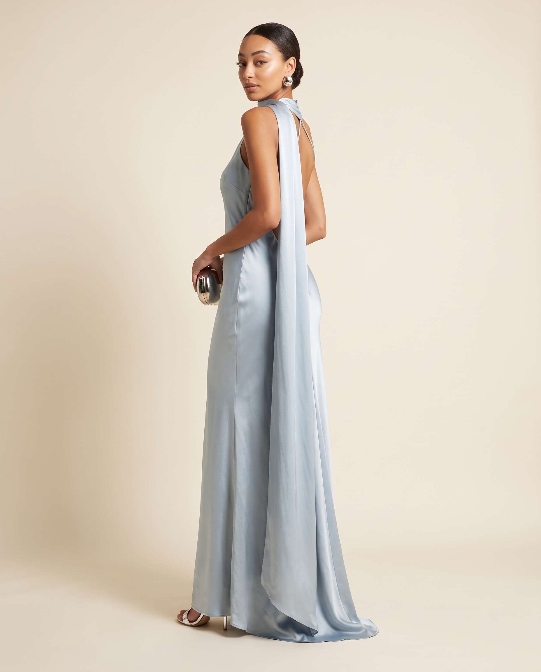 Nora Elegant Open-Back Satin Maxi Dress — front studio