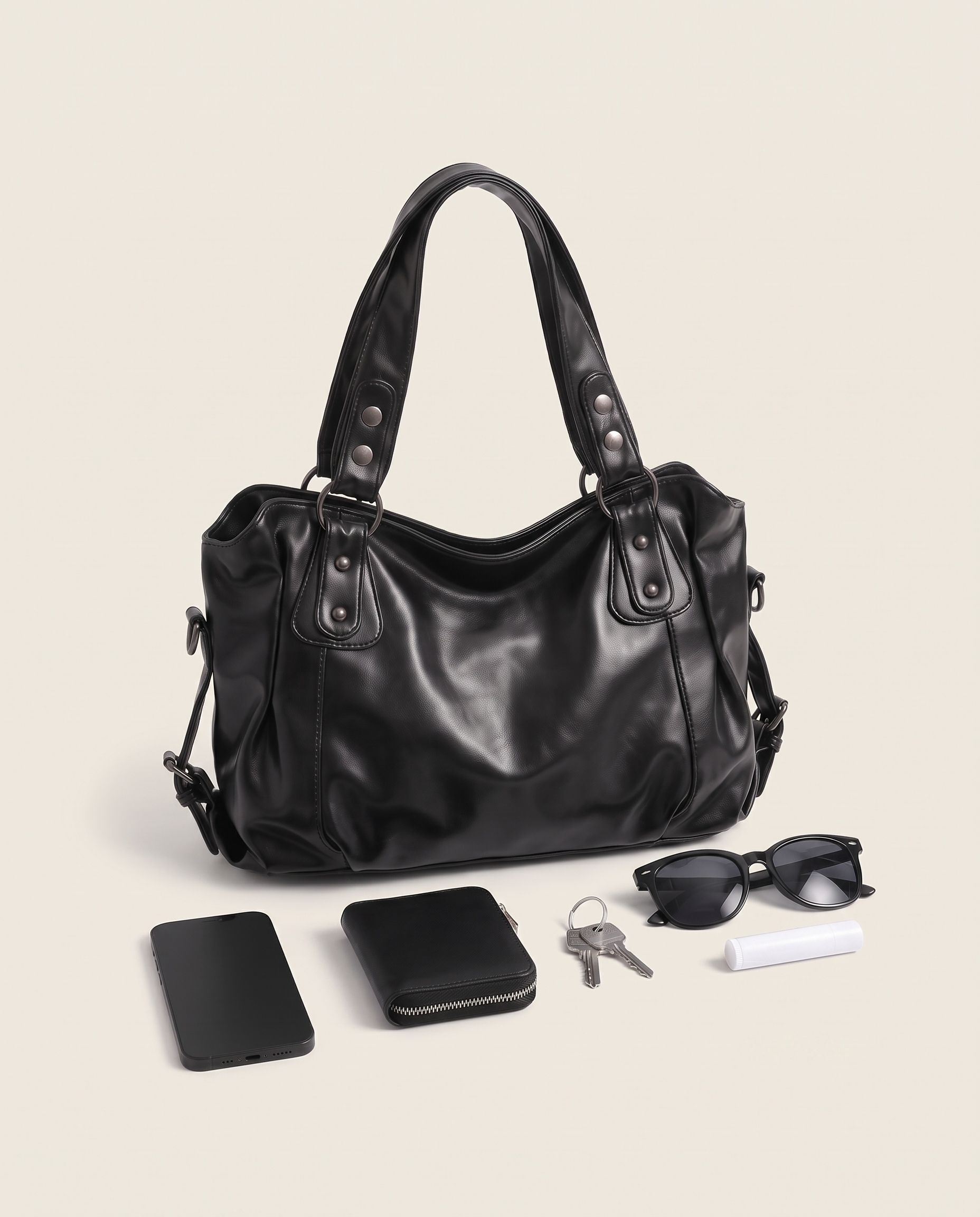 Slouchy Faux Leather Hobo Bag – Black Everyday Casual Shoulder Bag — product view 3