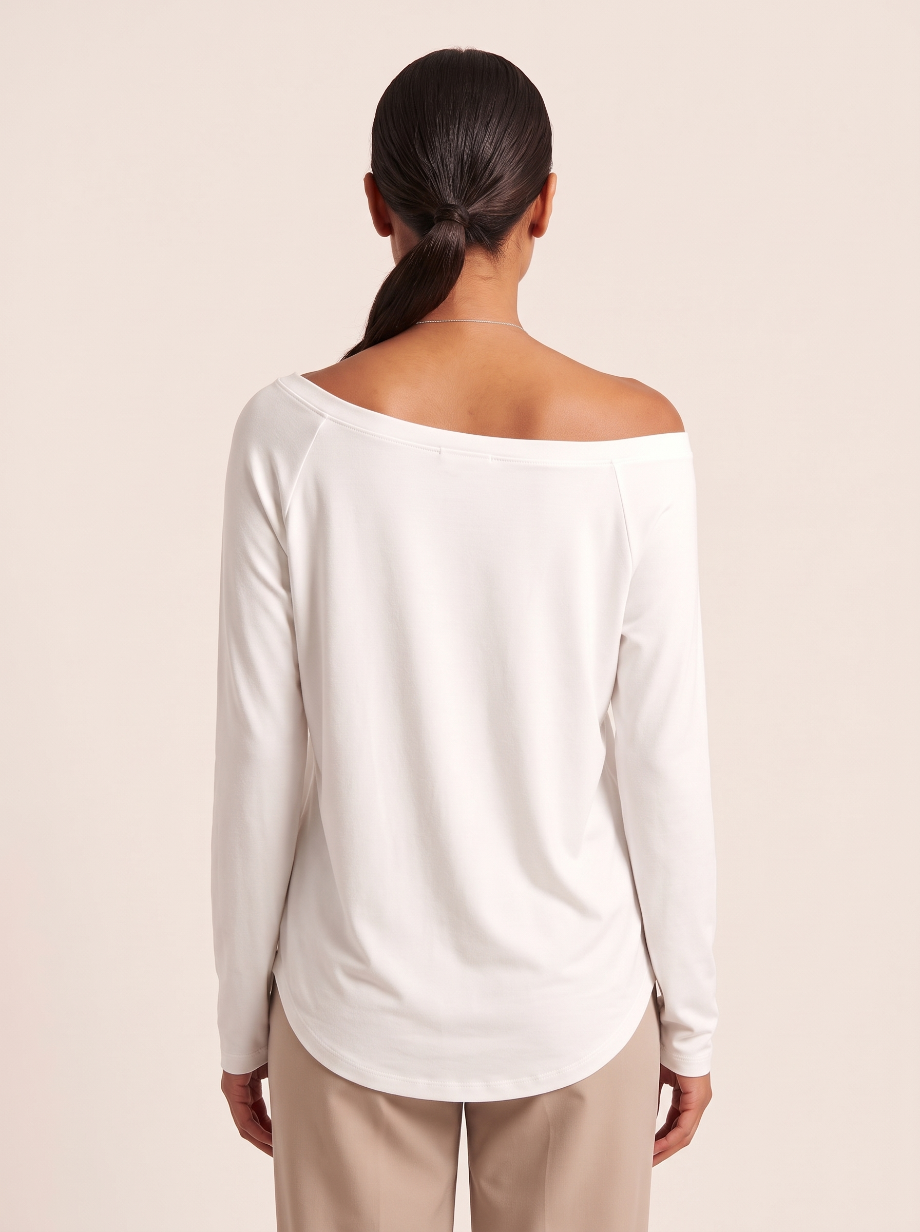 Off Shoulder Long Sleeve Top with Relaxed Fit — full-length studio back view on a warm ivory seamless background