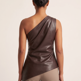 One Shoulder Top with Asymmetric Hem — full-length studio back view on a warm ivory seamless background