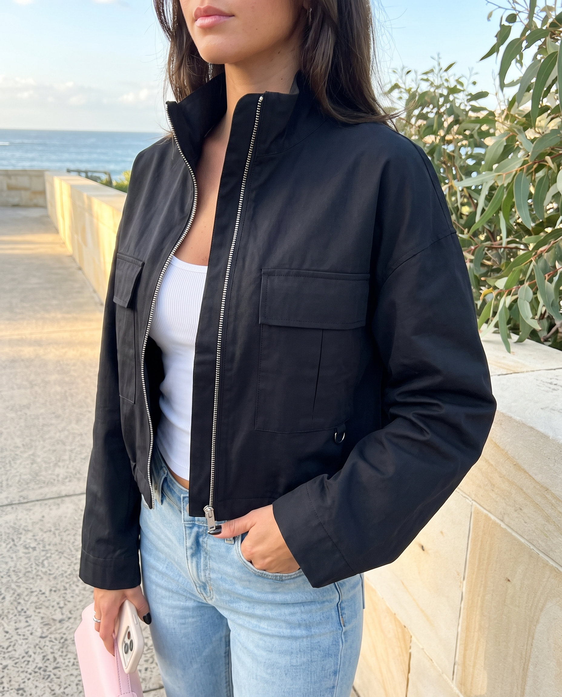 Onyx Relaxed High-Neck Zip Jacket – Australian lifestyle view