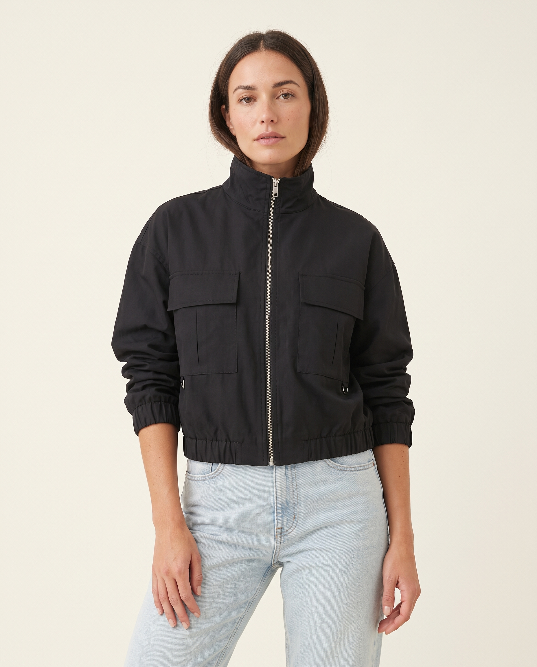 Onyx Relaxed High-Neck Zip Jacket – studio front view