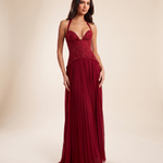 Ottilie burgundy pleated halter maxi dress studio
