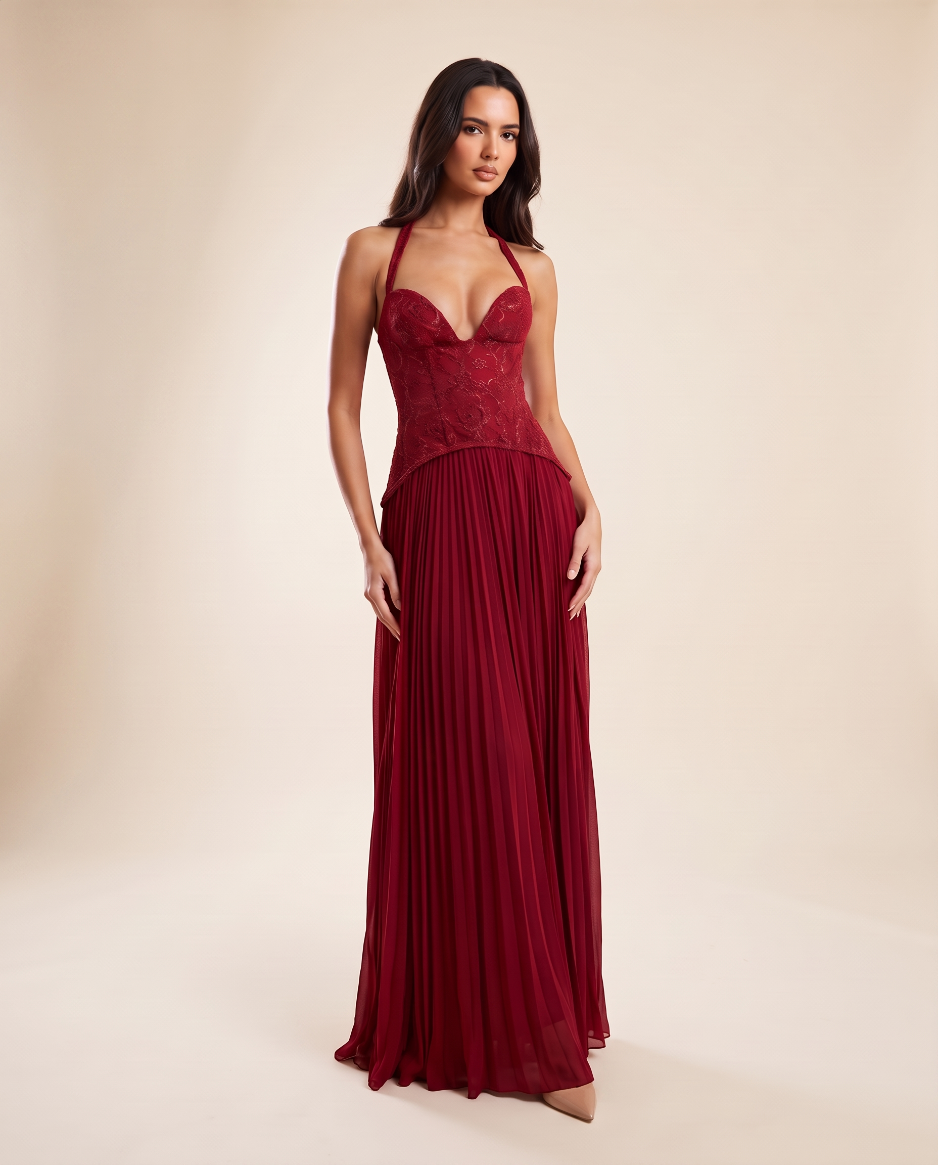 Ottilie burgundy pleated halter maxi dress studio