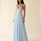 Ottilie light blue pleated halter maxi dress studio