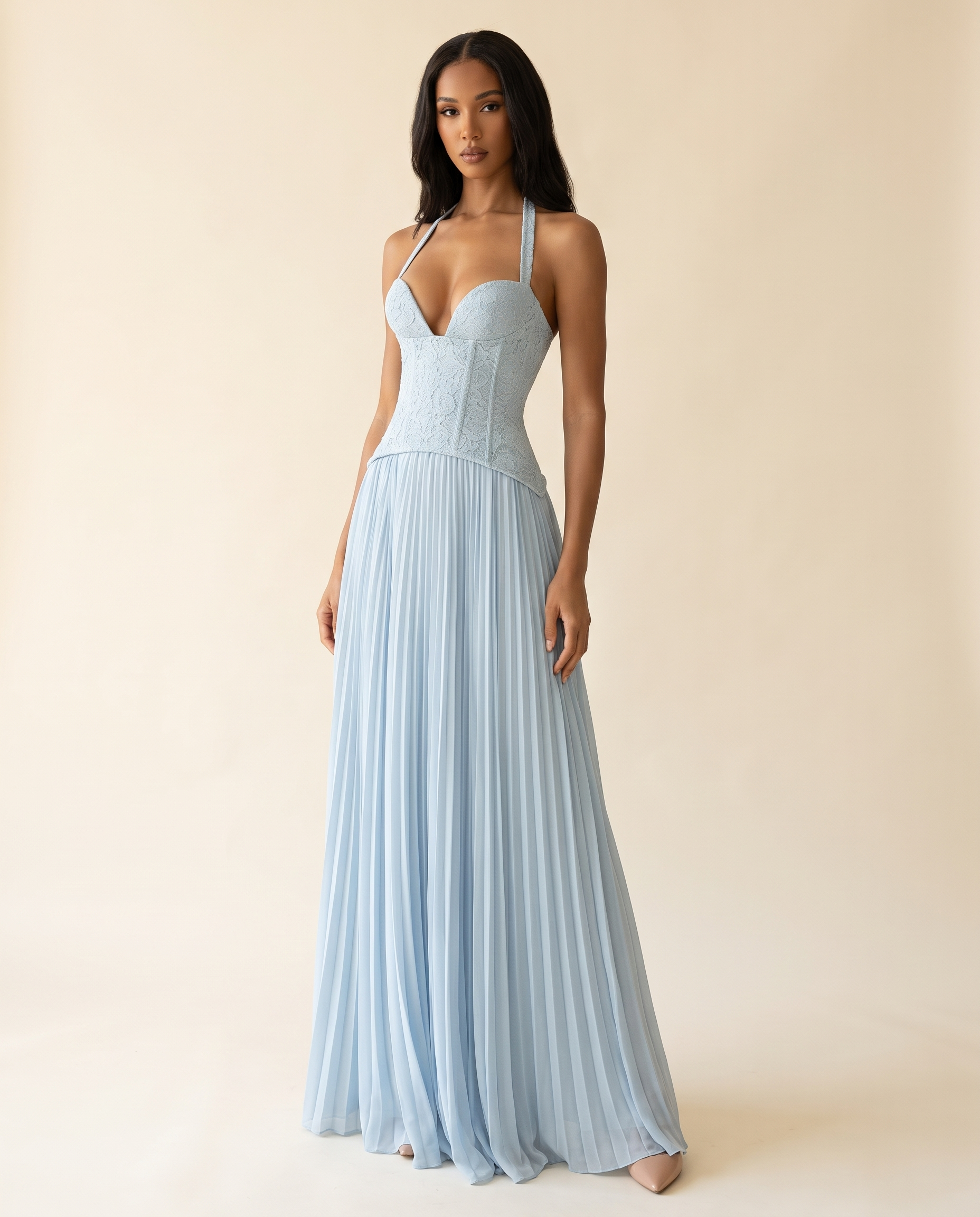 Ottilie light blue pleated halter maxi dress studio