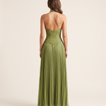 Ottilie green pleated halter maxi dress back studio