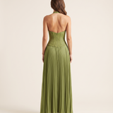 Ottilie green pleated halter maxi dress back studio