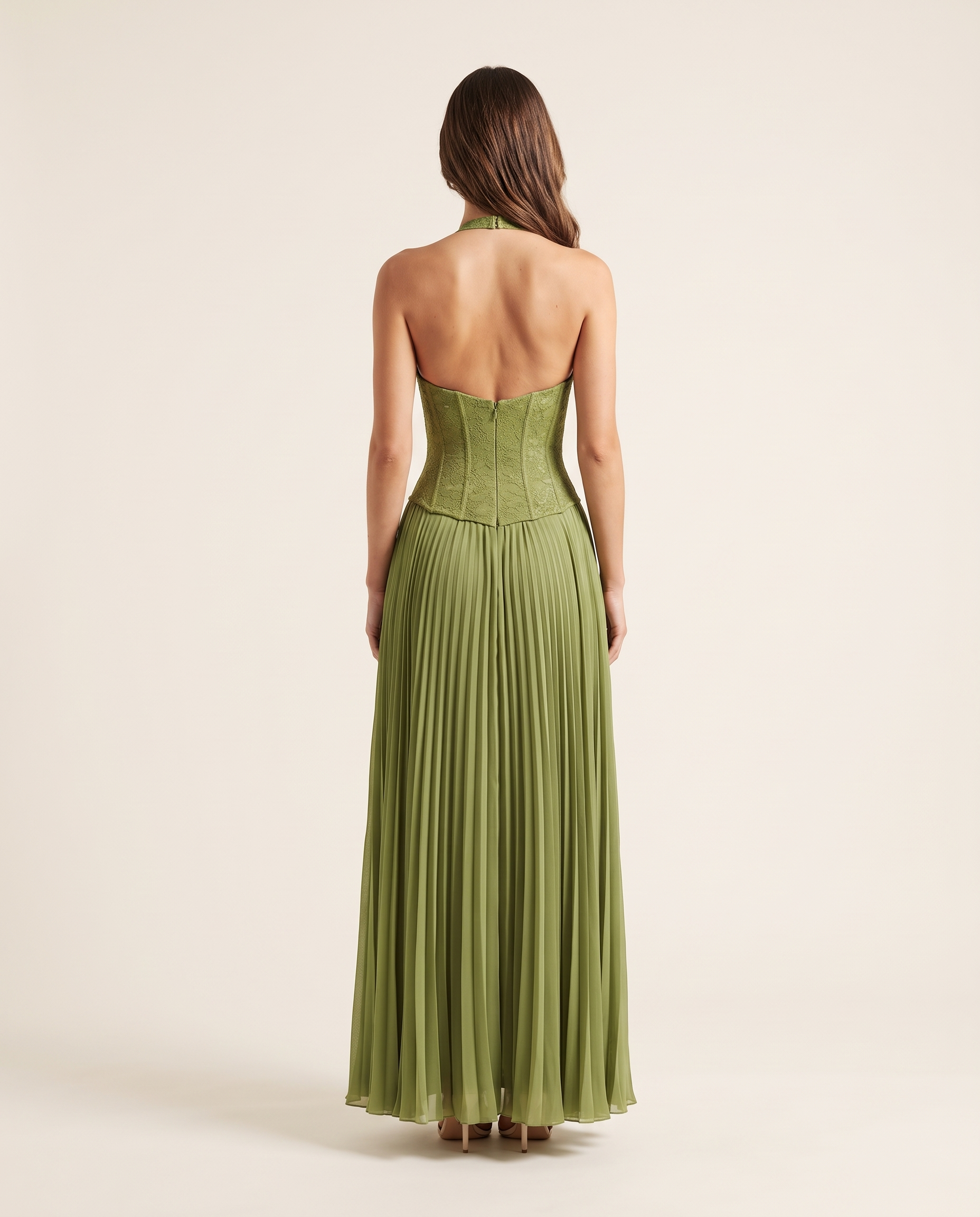 Ottilie green pleated halter maxi dress back studio