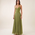 Ottilie green pleated halter maxi dress front studio