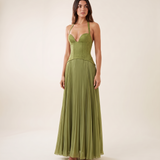 Ottilie green pleated halter maxi dress front studio