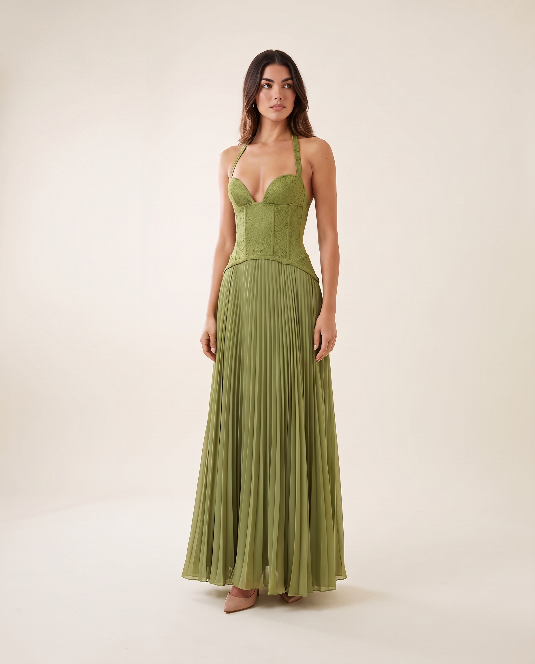 Ottilie green pleated halter maxi dress front studio