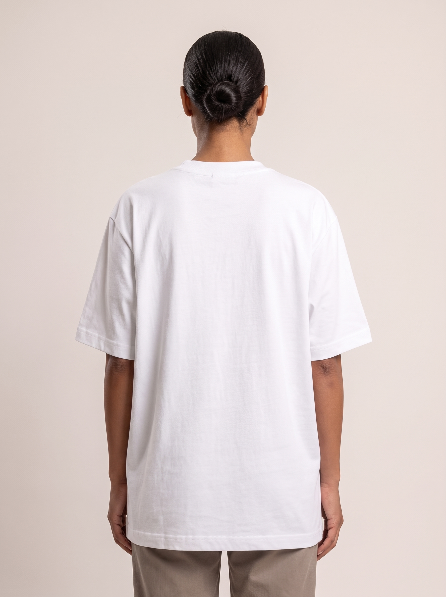Oversized Drop Shoulder T Shirt with Relaxed Fit — full-length studio back view on a warm ivory seamless background