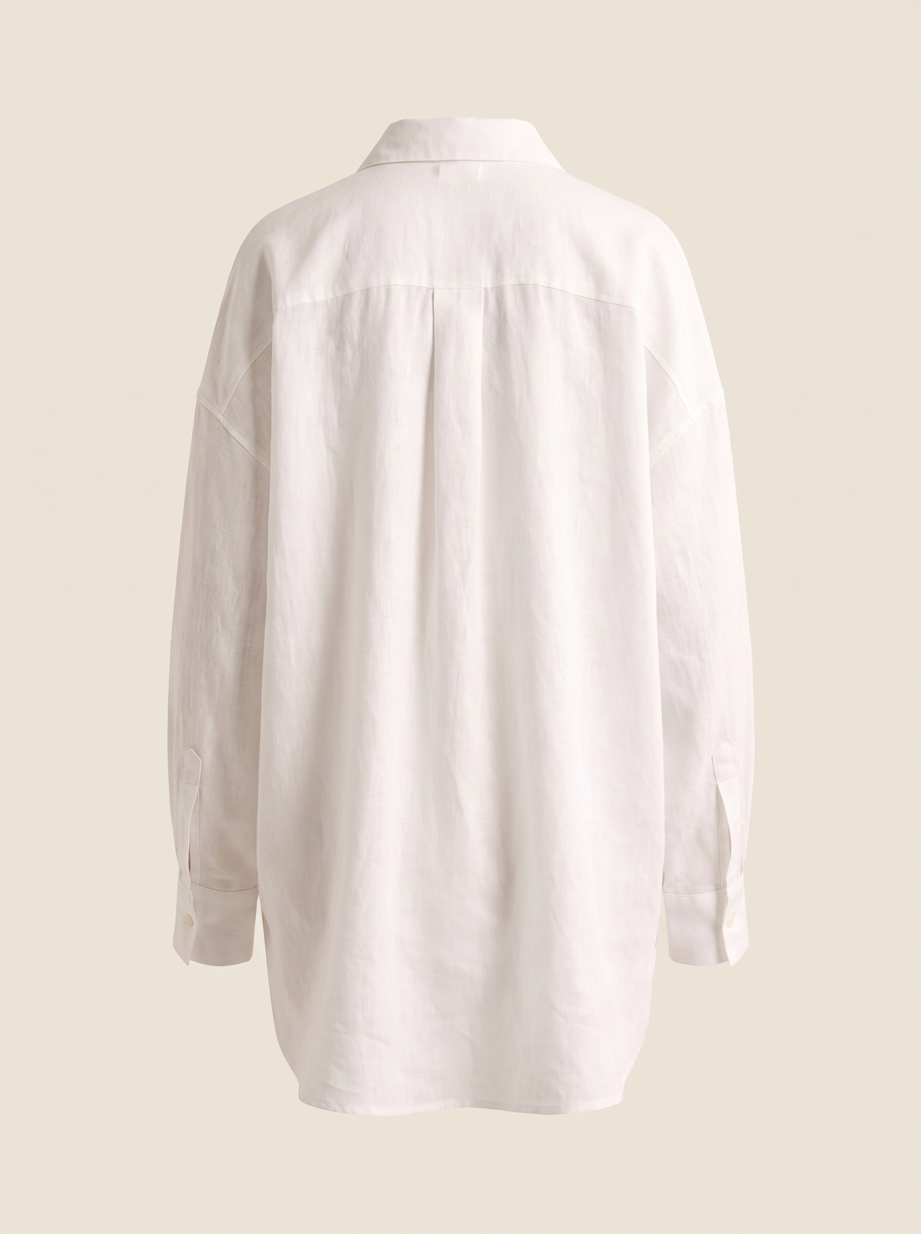Oversized Linen Shirt with Button Front — full-length studio back view on a warm ivory seamless background
