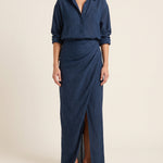Pandora | Elegant Draped Two-Piece Set — Dunkelblau — studio front