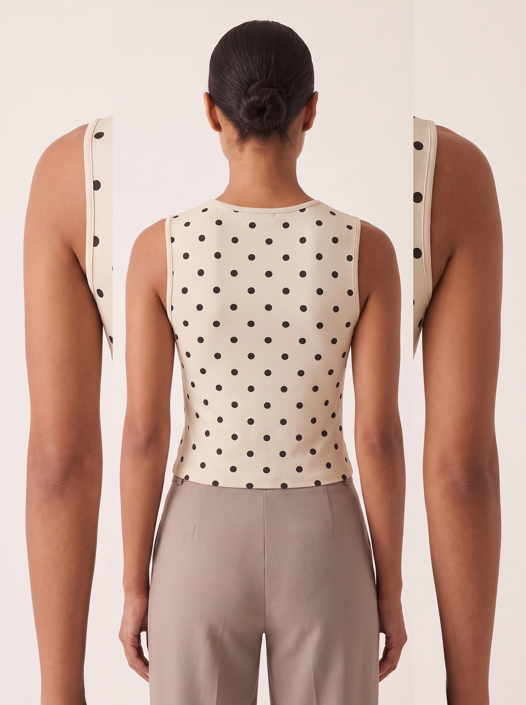 Polka Dot Crop Tank Top with Round Neck — full-length studio back view on a warm ivory seamless background
