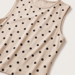 Polka Dot Crop Tank Top with Round Neck — tight editorial product detail showing the fabric texture, stitching, neckline and construction