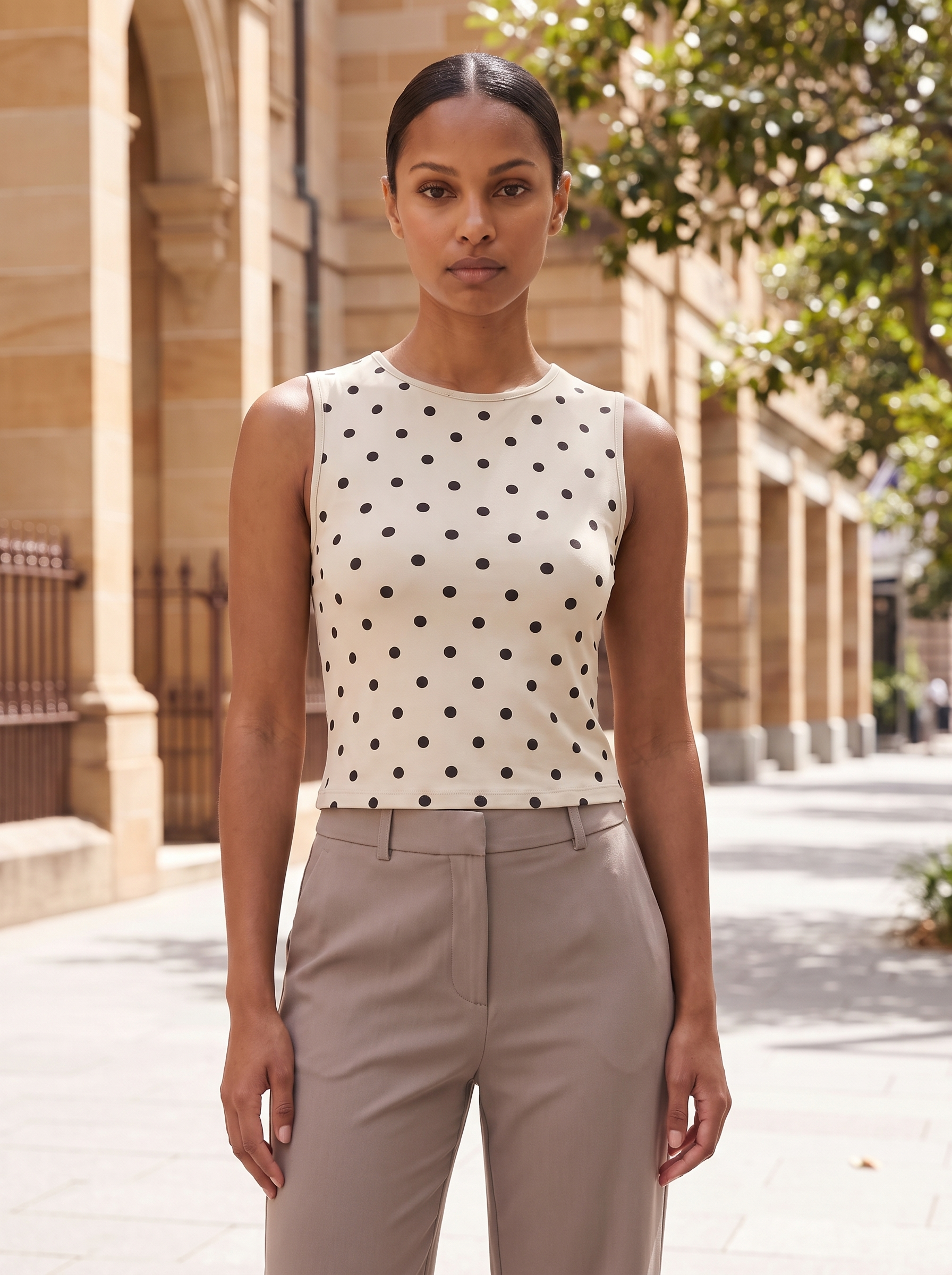 Polka Dot Crop Tank Top with Round Neck — natural full-body Australian lifestyle photograph on a refined Sydney streetscape in soft daylight