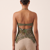 Printed Mesh Crop Top with Open Back — full-length studio back view on a warm ivory seamless background
