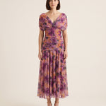 Printed Mesh Midi Dress with Draped Neckline — Purple — studio front