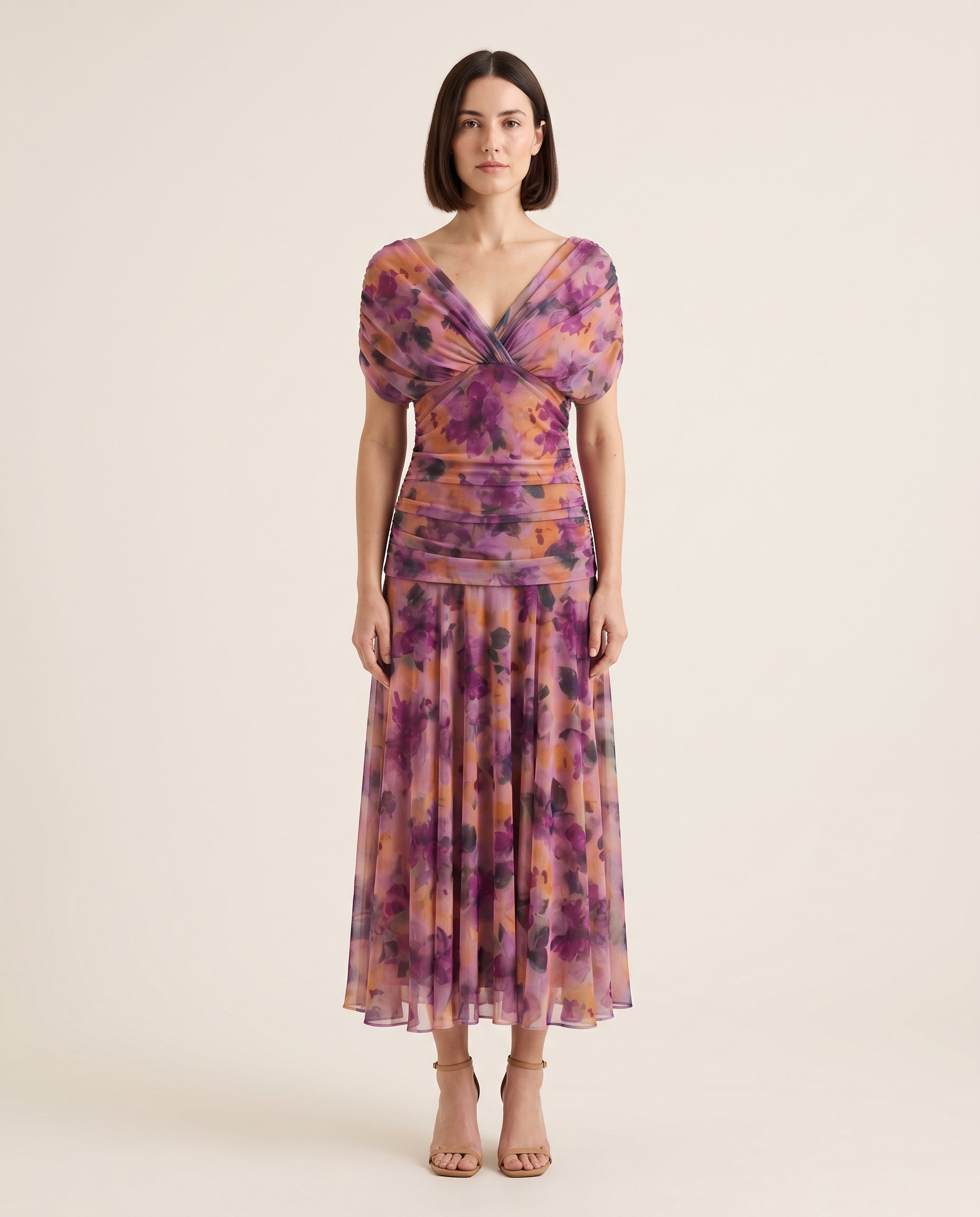 Printed Mesh Midi Dress with Draped Neckline — Purple — studio front