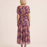 Printed Mesh Midi Dress with Draped Neckline — Purple — back view