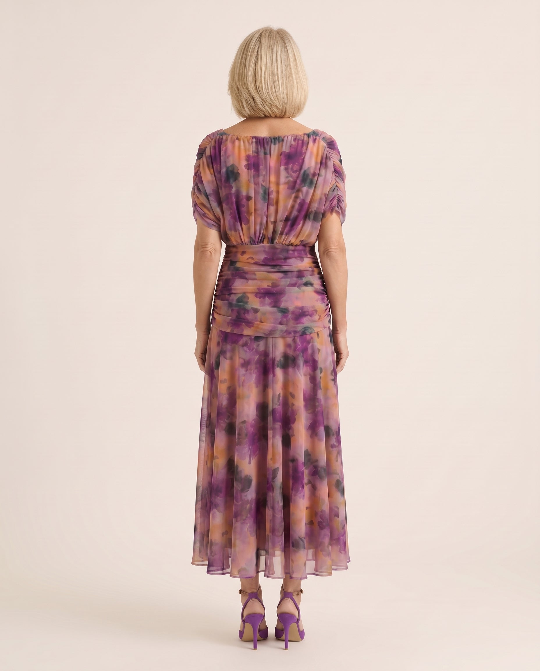 Printed Mesh Midi Dress with Draped Neckline — Purple — back view