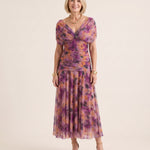 Printed Mesh Midi Dress with Draped Neckline — Purple — studio three-quarter