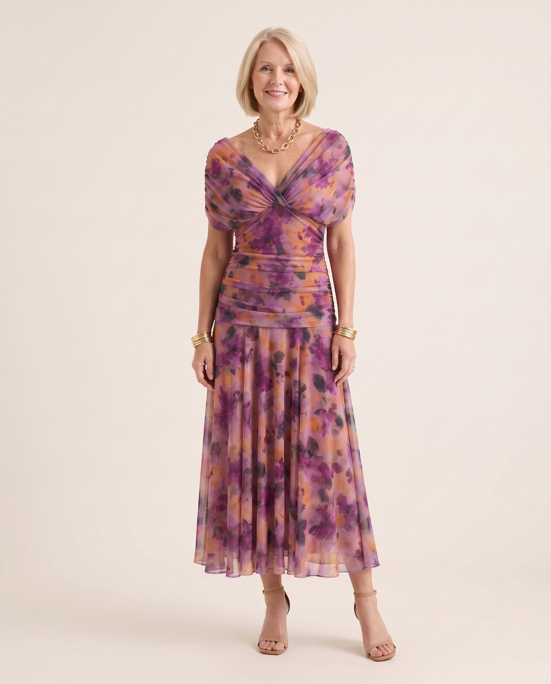Printed Mesh Midi Dress with Draped Neckline — Purple — studio three-quarter