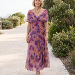 Printed Mesh Midi Dress with Draped Neckline — Purple — coastal lifestyle