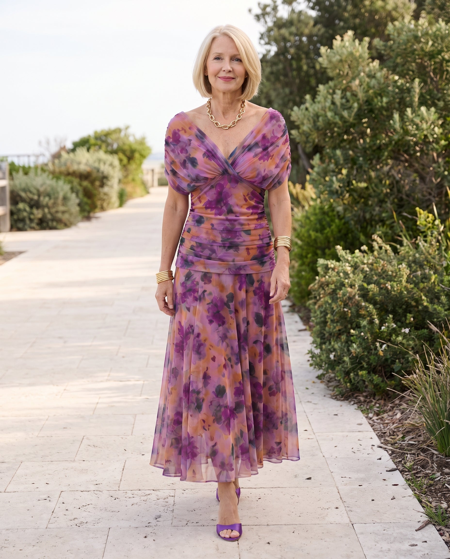 Printed Mesh Midi Dress with Draped Neckline — Purple — coastal lifestyle