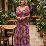 Printed Mesh Midi Dress with Draped Neckline — Purple — courtyard lifestyle