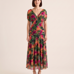 Printed Mesh Midi Dress with Draped Neckline — Dark Green — studio front
