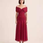 Printed Mesh Midi Dress with Draped Neckline — Red — studio front