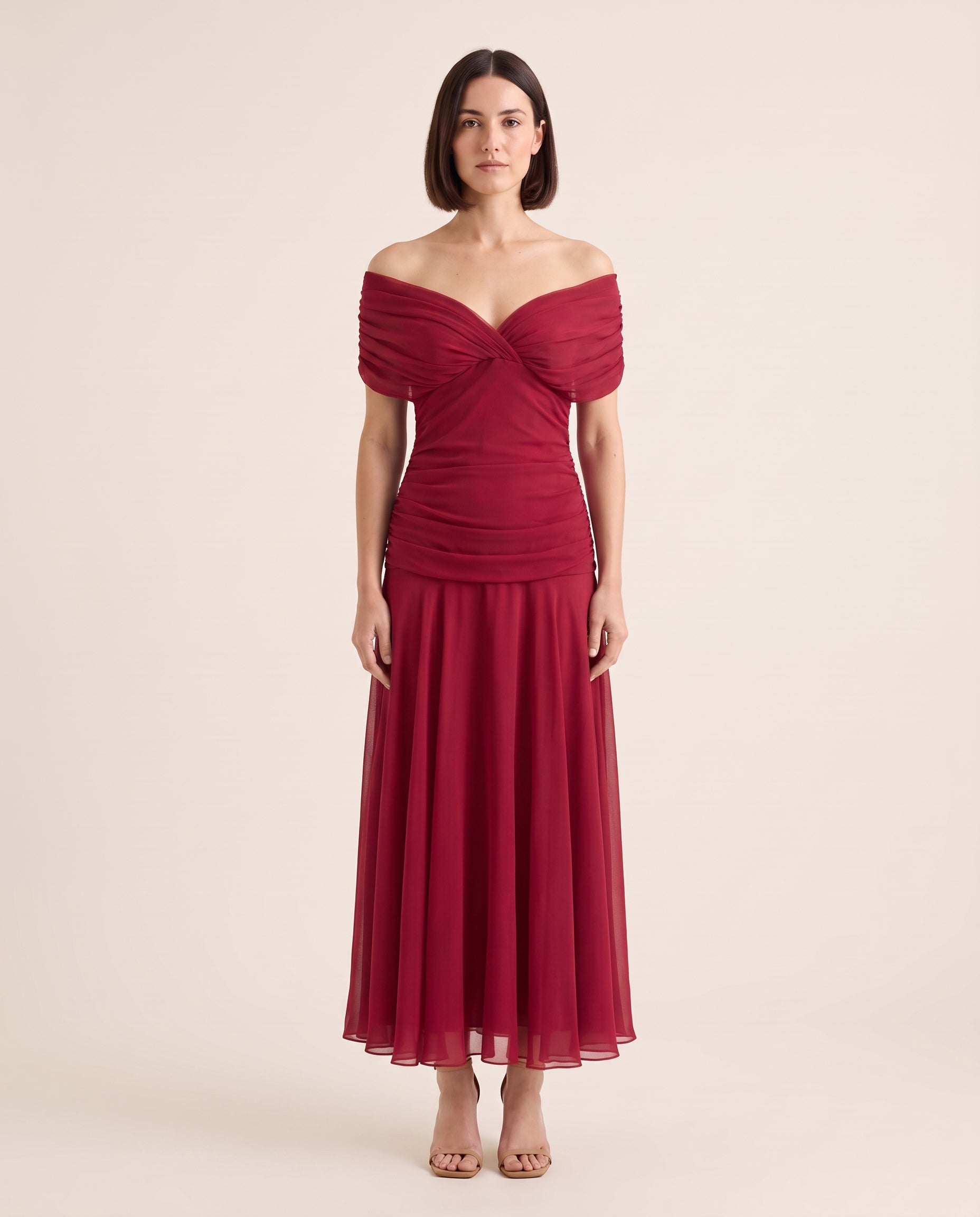 Printed Mesh Midi Dress with Draped Neckline — Red — studio front