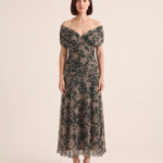 Printed Mesh Midi Dress with Draped Neckline — Olive Green — studio front