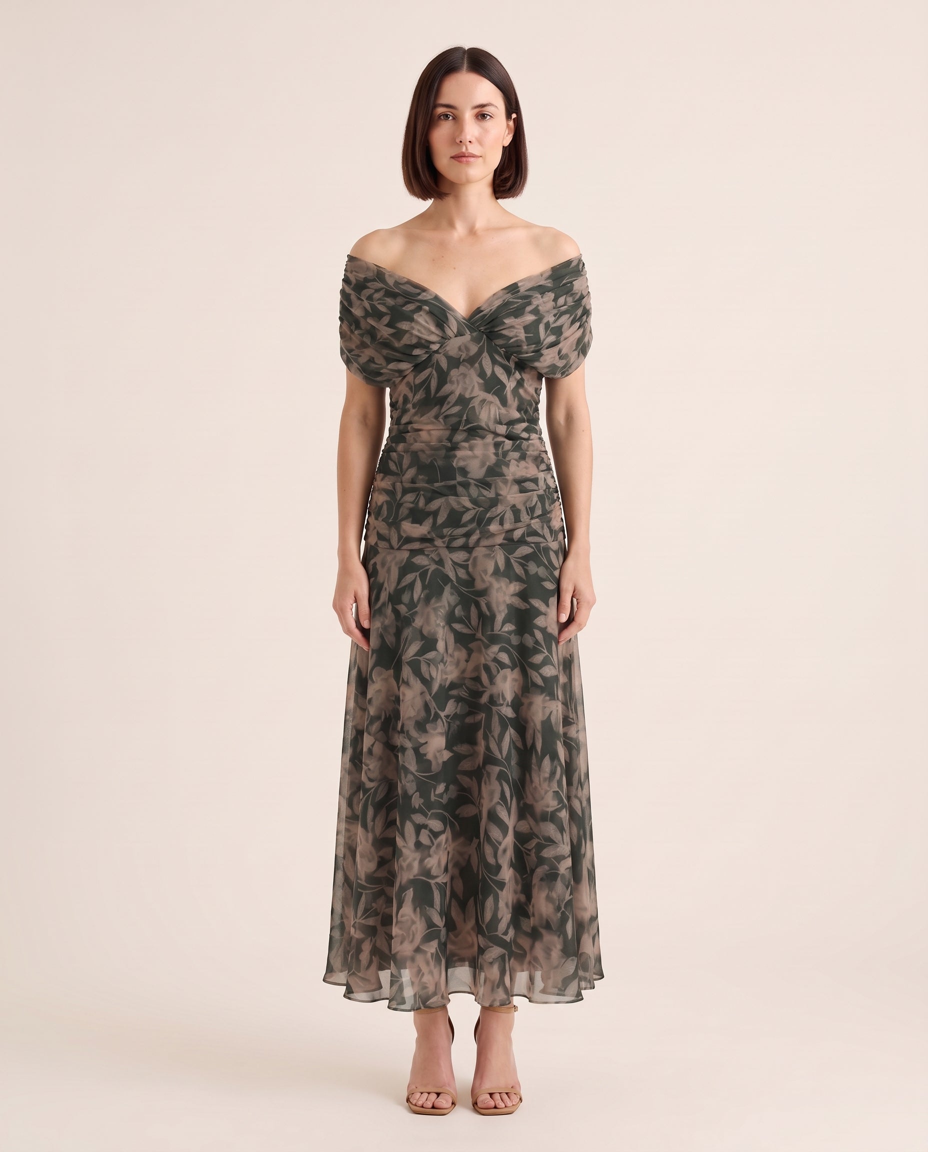 Printed Mesh Midi Dress with Draped Neckline — Olive Green — studio front