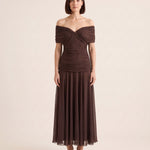 Printed Mesh Midi Dress with Draped Neckline — Brown — studio front
