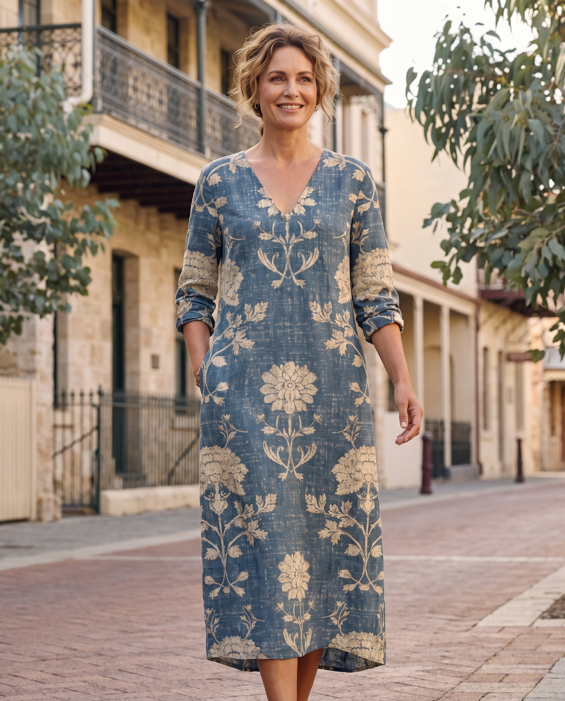 Printed Midi Dress with Pockets – Australian lifestyle view